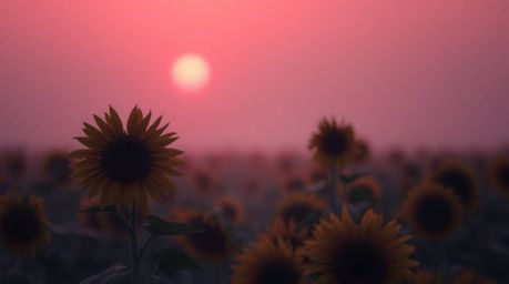 Experience the ethereal beauty of a sunflower field bathed in a deep red and purple twilight. This cinematic image features s