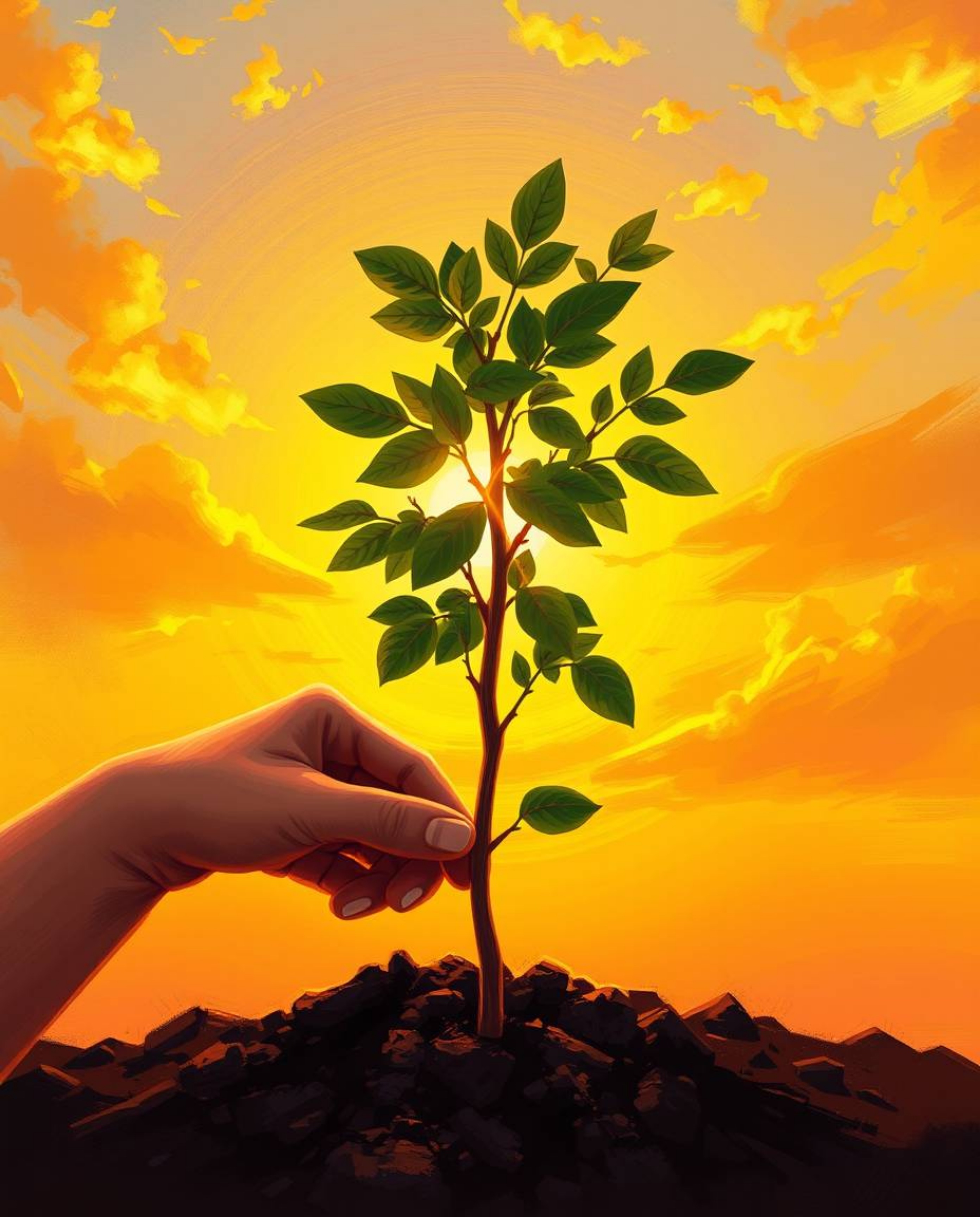 This digital painting captures a serene scene of hands planting a young tree under a breathtaking golden sky during the golde