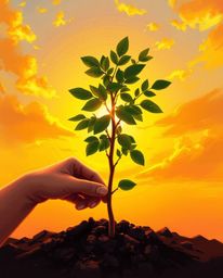 This digital painting captures a serene scene of hands planting a young tree under a breathtaking golden sky during the golde