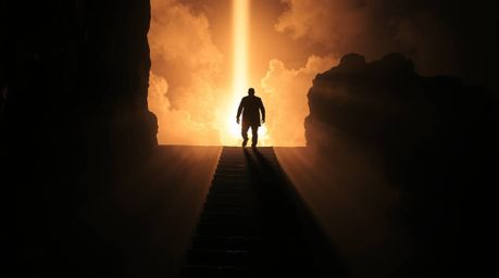 A captivating high-angle perspective shot featuring a lone figure ascending a stone staircase towards a divine light beam ami