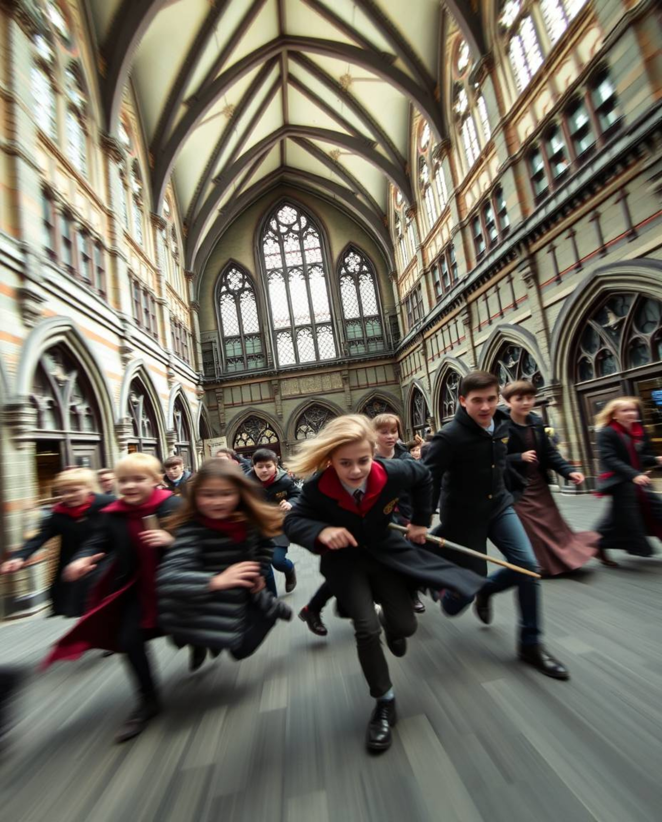 This architectural photograph captures the essence of a magical school teeming with young wizards in dynamic motion. Featurin