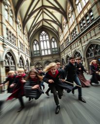 This architectural photograph captures the essence of a magical school teeming with young wizards in dynamic motion. Featurin