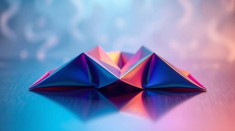 A mesmerizing image featuring intricate origami aesthetics rendered with cool colors and a soft cinematic haze. The iridescen