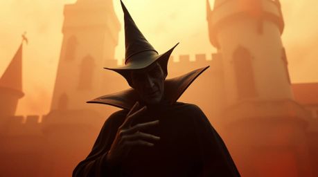 A classic Disney villain, their features obscured by shadow and magic, casts a spell within the hazy confines of an ancient c