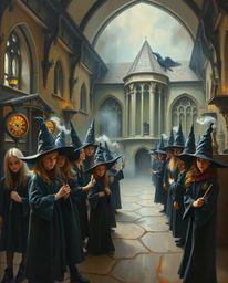 Immerse yourself in a classic oil painting depicting a magical school teeming with young wizards. The artwork boasts rich tex