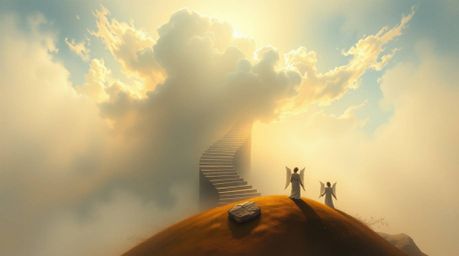 Immerse yourself in a classic oil painting style scene featuring a soft cinematic haze. Witness steps of light ascending into
