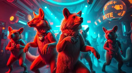 Experience a vibrant and futuristic animal dance party!  This electrifying event blends warm terracotta and cool teal hues wi