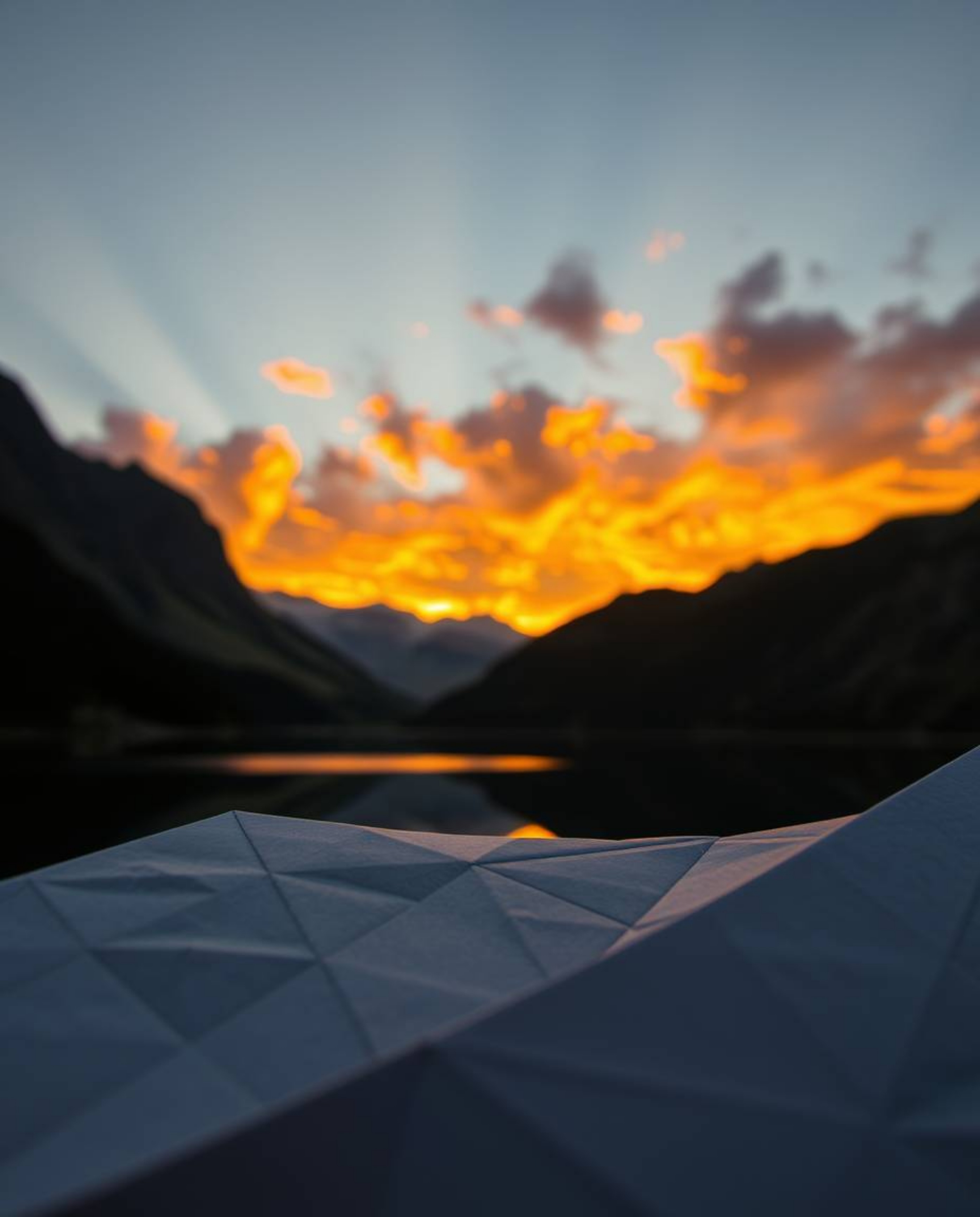 An extreme macro close-up photograph captures an intricate origami-style scene, where warm golden hour light illuminates the 