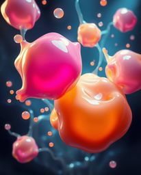 This stunning digital painting features intensely dramatic lighting that highlights floating 3D blobs of fluid jelly. The art