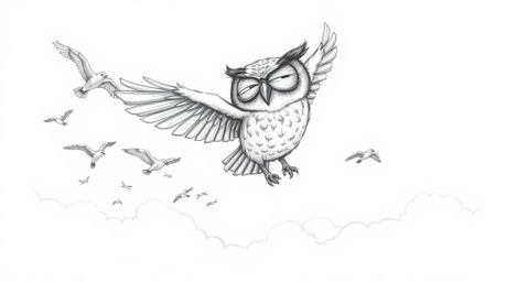 This hand-drawn pencil sketch in the Pixar style depicts a compelling scene: a blind owl, rendered with textured feathers and