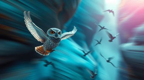 A captivating long-exposure photograph portrays a wise, blind owl in a Pixar-esque style, gracefully guiding birds to fly thr