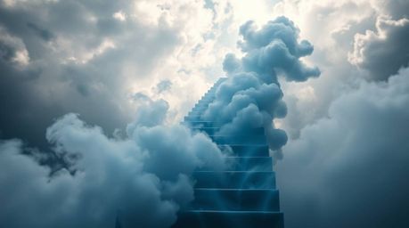 A captivating image depicts a winding stairway composed of ethereal smoke and light, ascending into a vast, cloudy sky.  The 