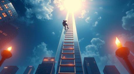 An overhead bird's-eye view illustration depicts a businessperson ascending a transparent ladder that disappears into the blu