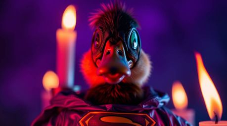 A whimsical close-up featuring a duck playfully dressed in a zany superhero costume. Bathed in the warm glow of candlelight a