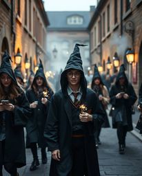 Candid street photography capturing the ethereal and spiritual vibe of a magical school filled with young wizards. Urban scen