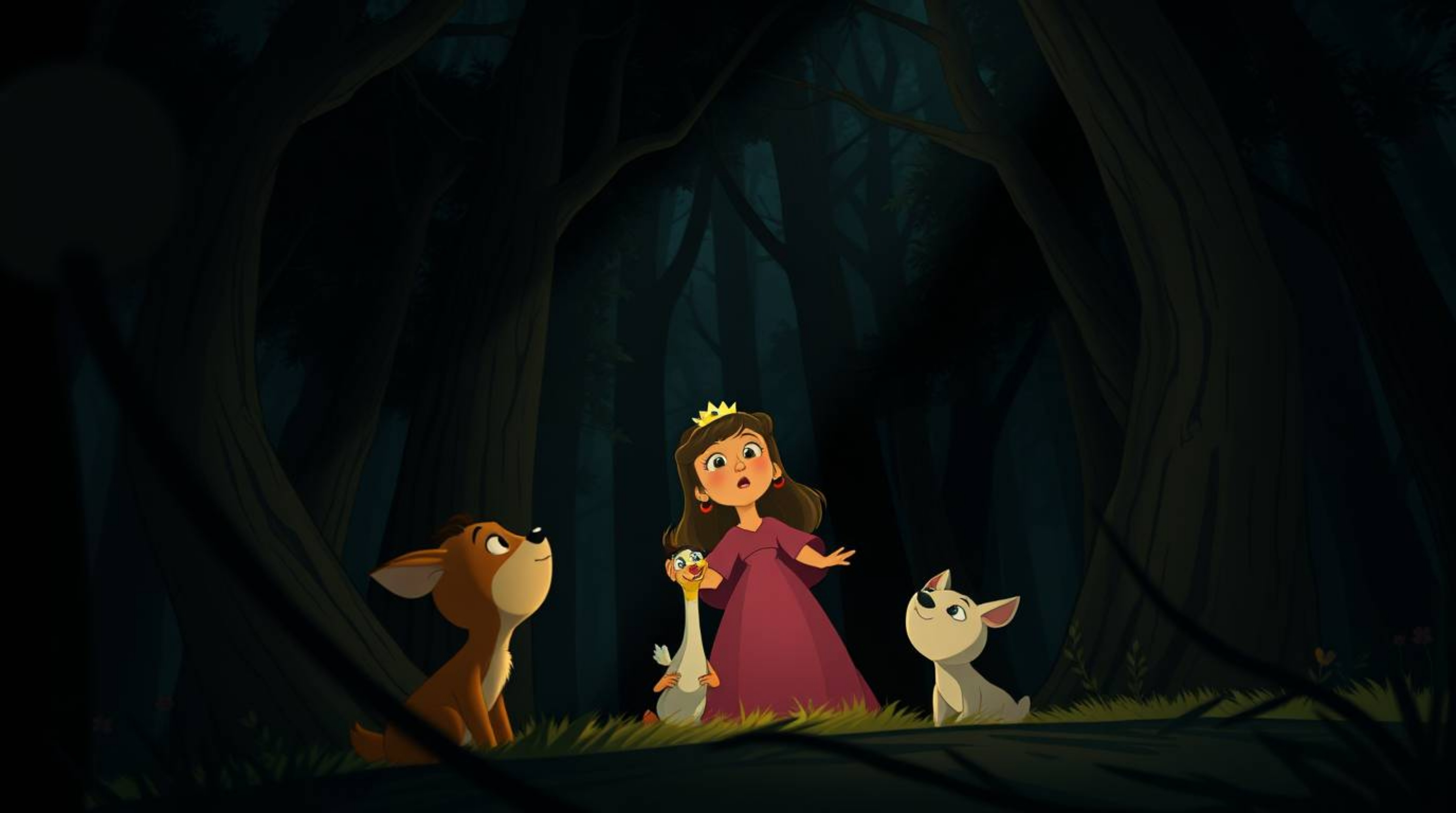 A captivating high-angle shot depicts a princess singing with forest animals in a vintage 2D animation style. The scene is d