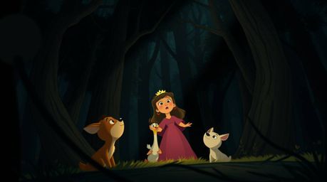 A captivating high-angle shot depicts a princess singing with forest animals in a vintage 2D animation style. The scene is d