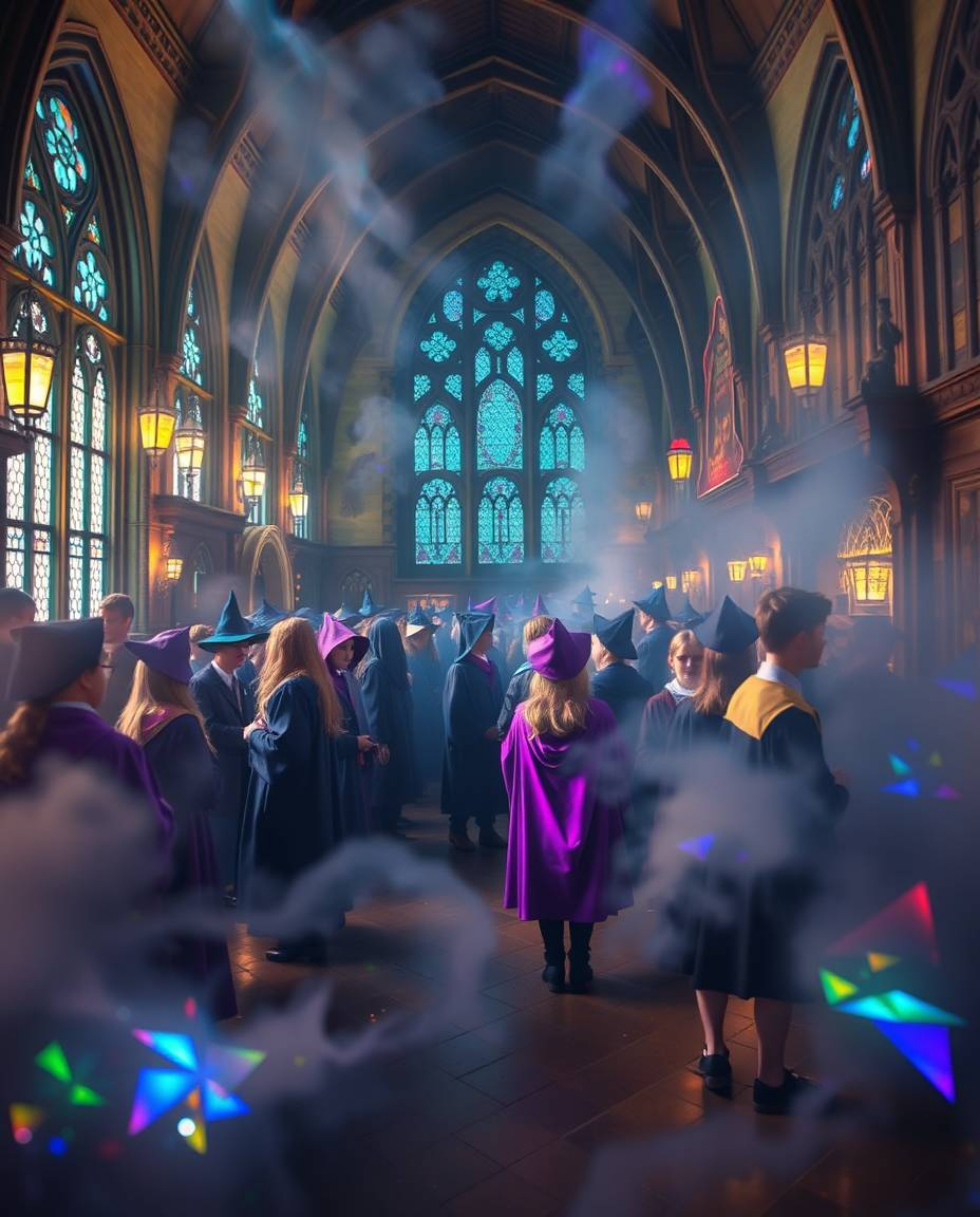 Discover a captivating magical school brimming with young wizards, bathed in iridescent light and ethereal beauty.  Experienc