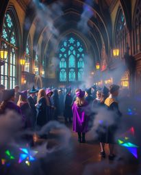 Discover a captivating magical school brimming with young wizards, bathed in iridescent light and ethereal beauty. Experienc