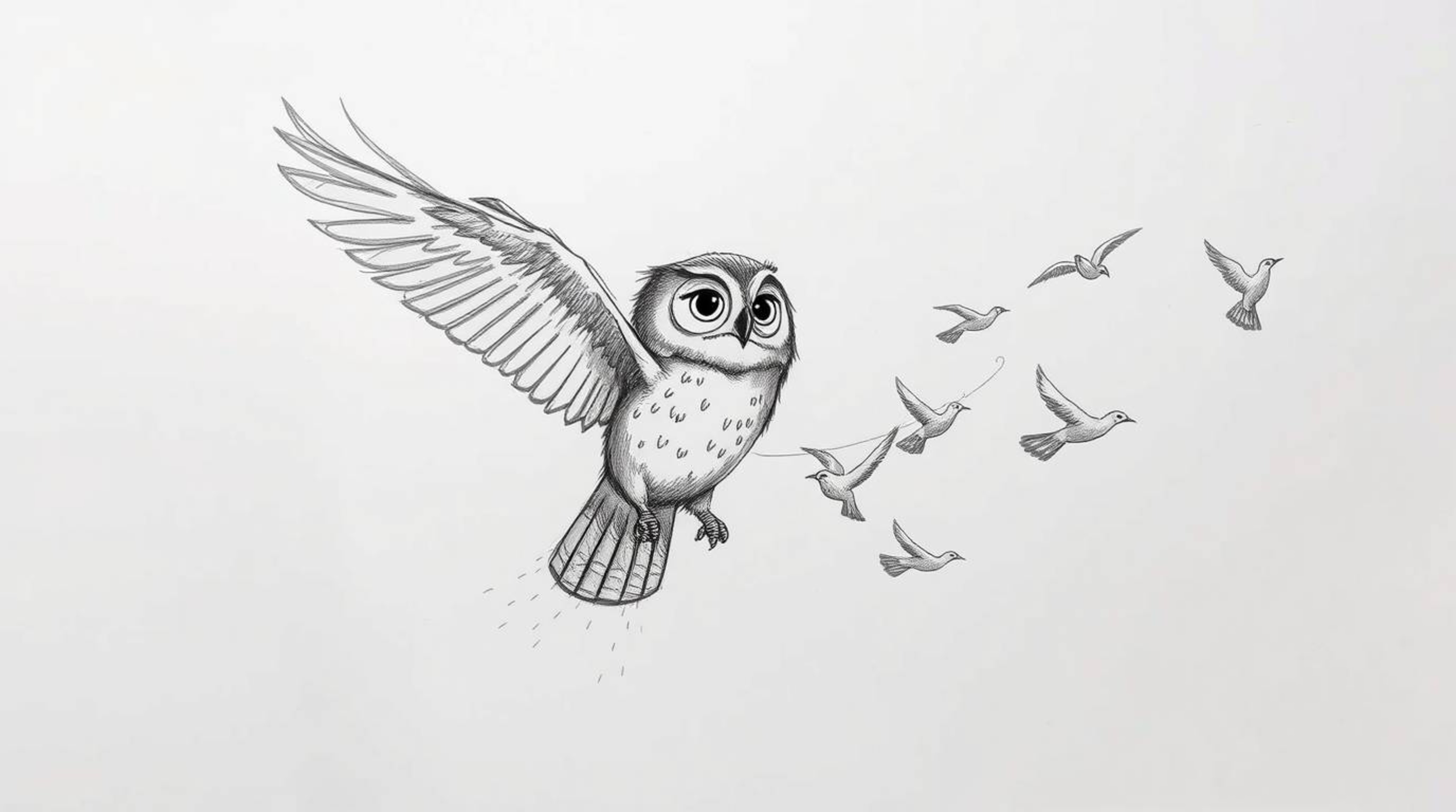 A captivating, hand-drawn sketch reminiscent of Pixar animation, showcasing a blind owl in mid-flight. Despite its blindness,