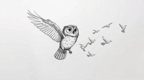 A captivating, hand-drawn sketch reminiscent of Pixar animation, showcasing a blind owl in mid-flight. Despite its blindness,
