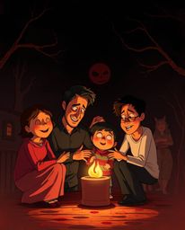 Experience a unique Pixar-style illustration of a heartfelt family reunion bathed in strong hard light. The scene evokes a w