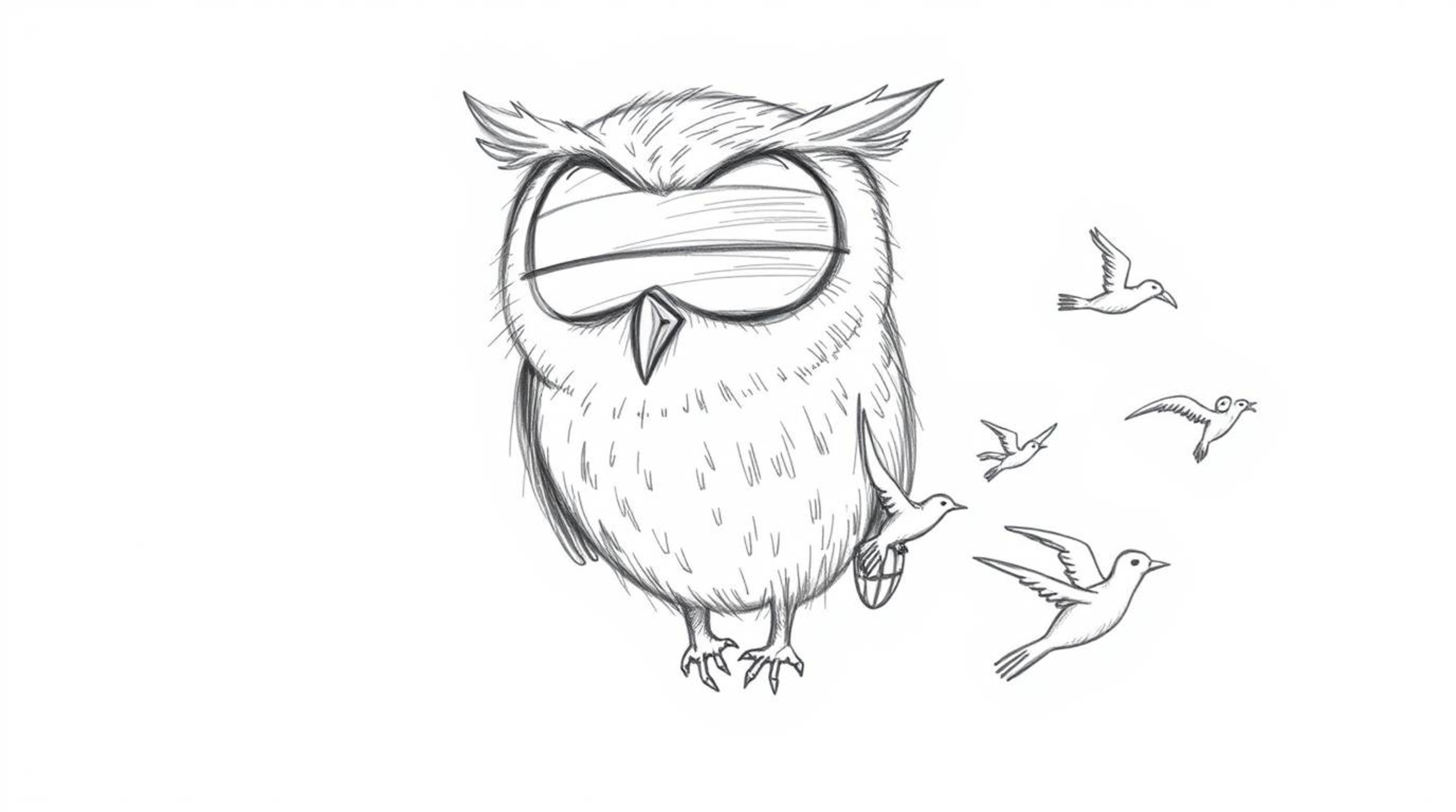 This captivating hand-drawn sketch depicts a blind owl, its facial features imbued with wisdom and patience, sensing the flig