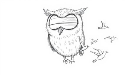 This captivating hand-drawn sketch depicts a blind owl, its facial features imbued with wisdom and patience, sensing the flig
