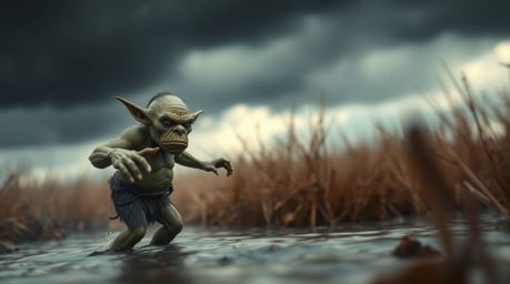A captivating image of an ogre with intricate details, sharply focused, dancing joyfully in a swamp under a dramatic, stormy 