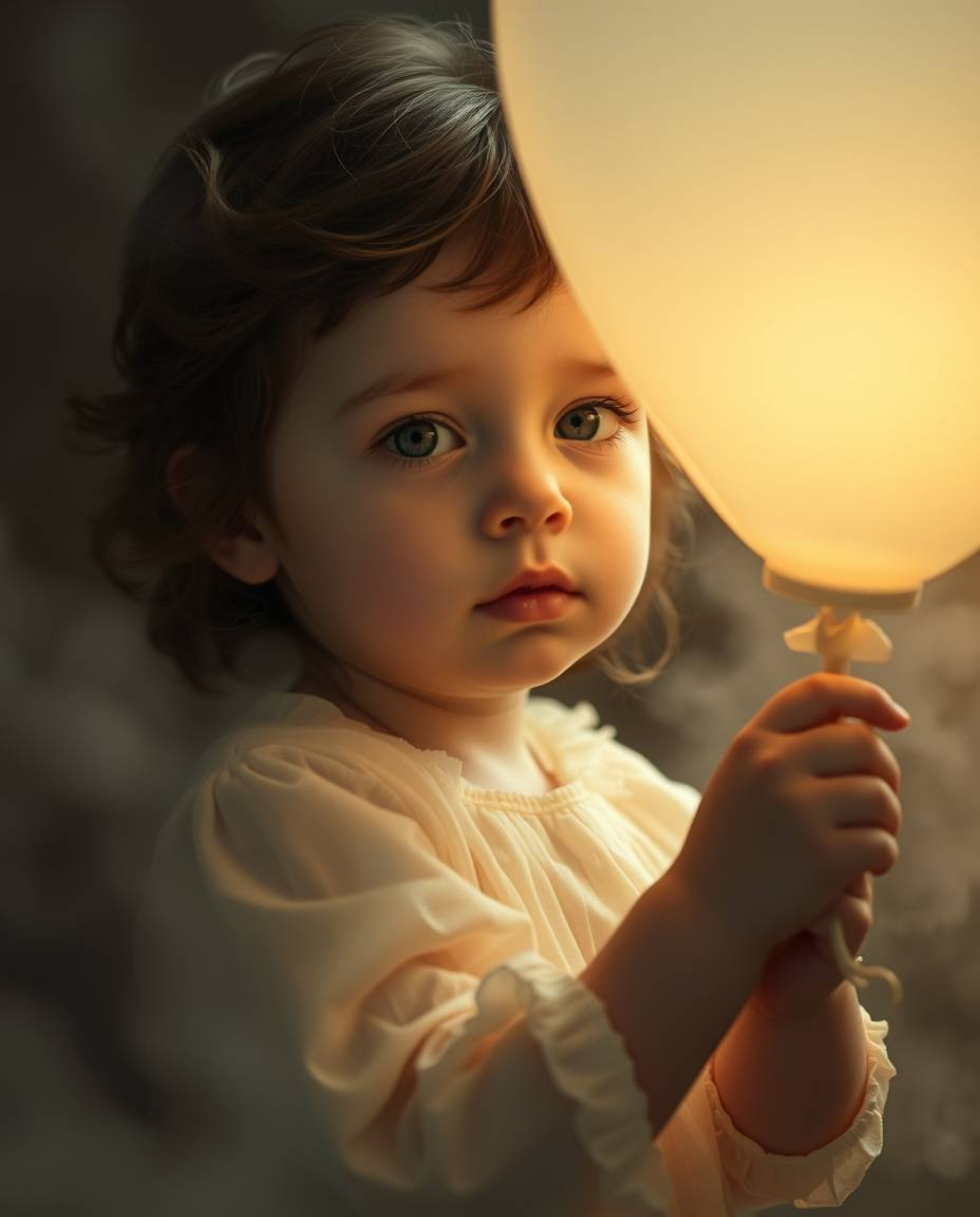 A captivating image of an elegant child with refined features and fair skin delicately holding a balloon.  The scene is bathe