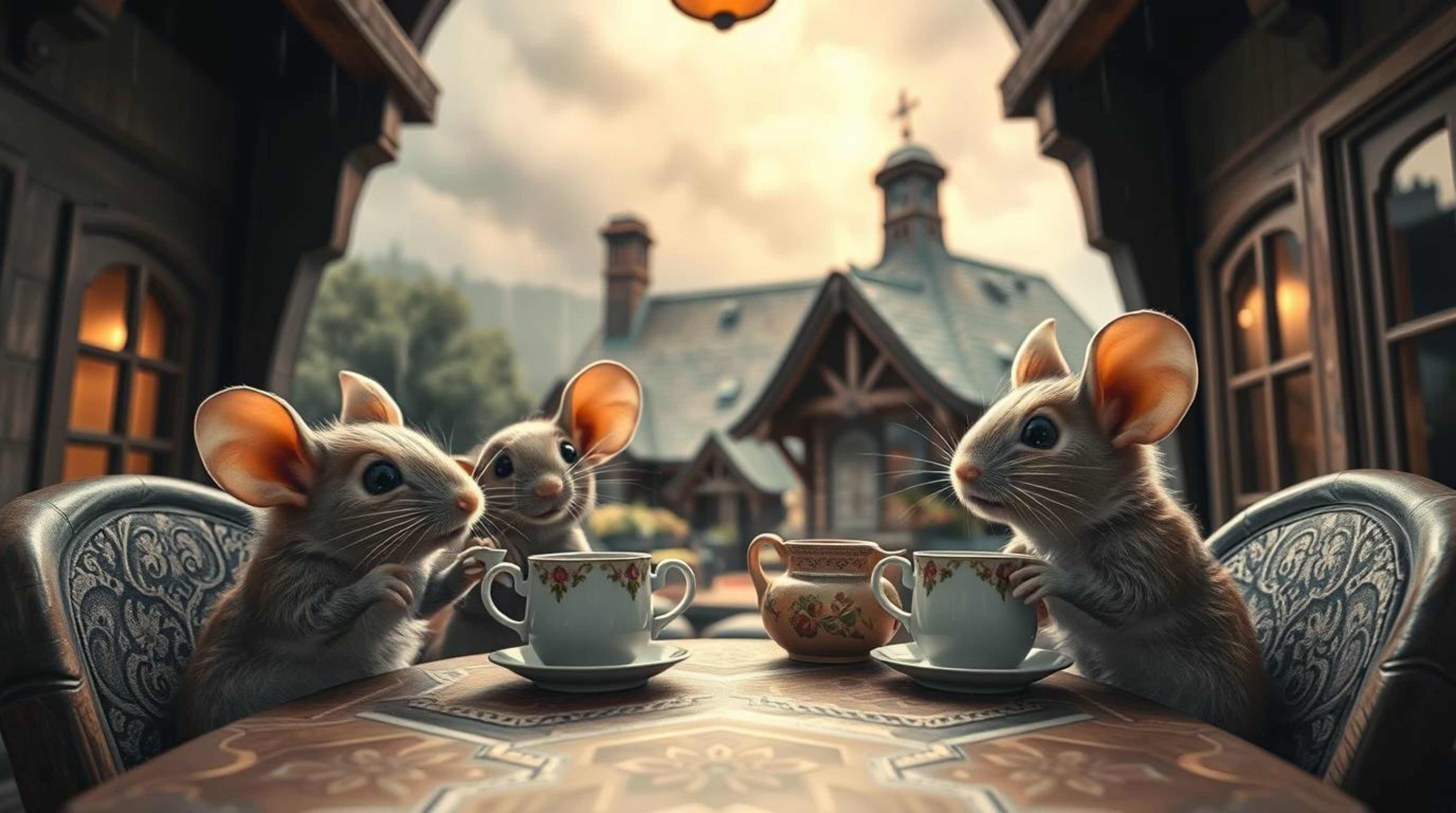 A captivating color photograph depicting anthropomorphic mice with adorable features enjoying a tea party within the confines