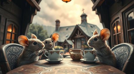 A captivating color photograph depicting anthropomorphic mice with adorable features enjoying a tea party within the confines