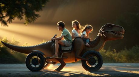 A captivating high-resolution stock photo depicts a prehistoric family enjoying a whimsical ride in a dinosaur-shaped car.  B