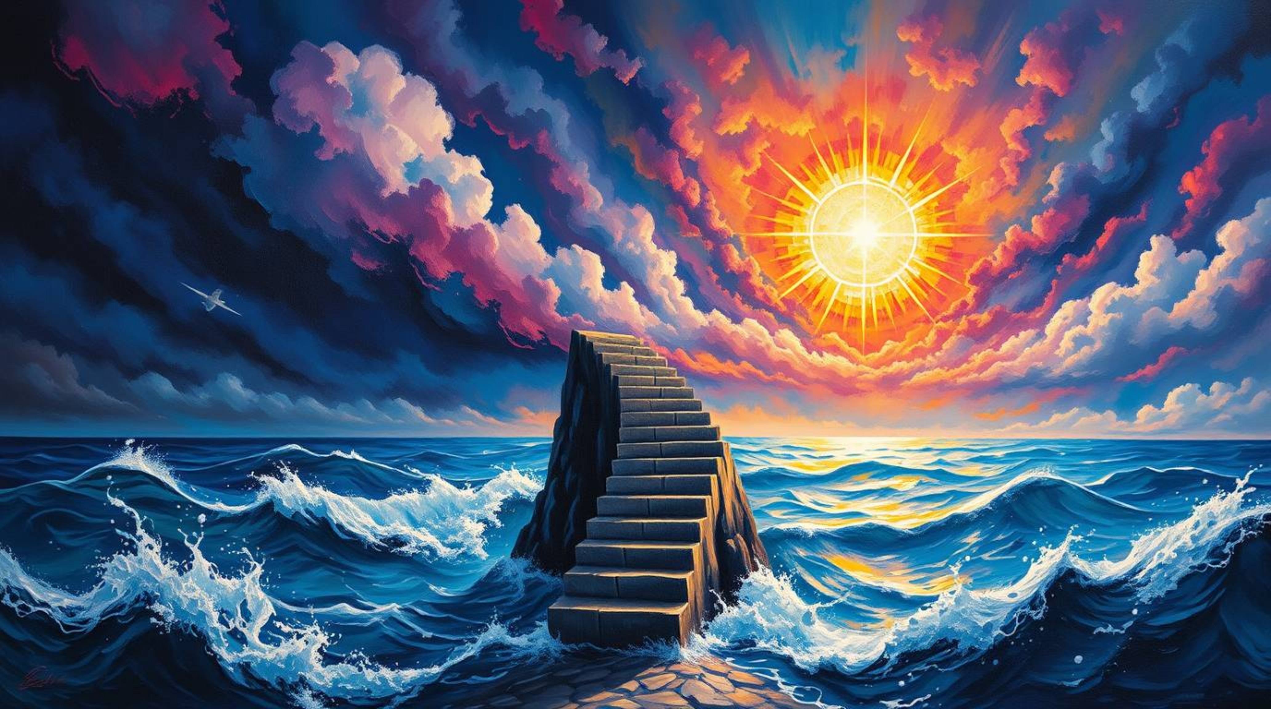 A bold acrylic painting depicts a dramatic staircase emerging from the ocean, reaching up into a stormy sky illuminated by a