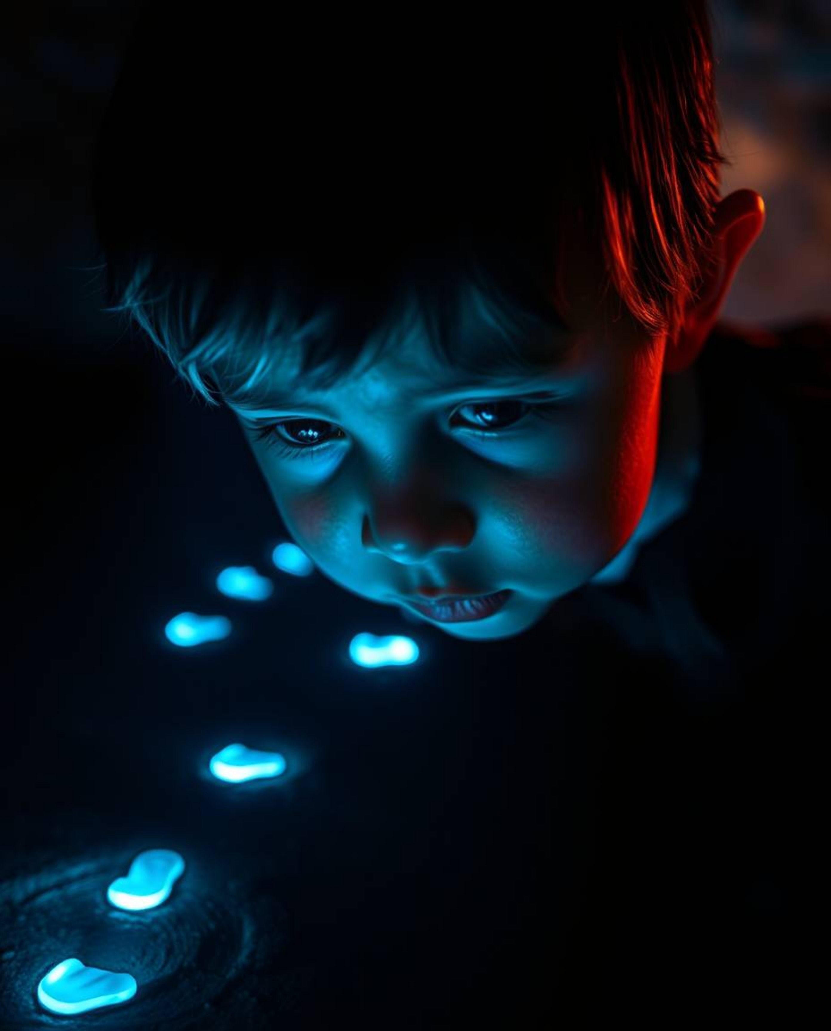 A captivating close-up shot captures a child's intense focus as they follow a mesmerizing trail of electric-blue glowing foot