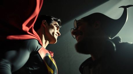 A dynamic image depicting a superhero, cloaked in a billowing cape, confronting a comically inept villain.  The dramatic low-
