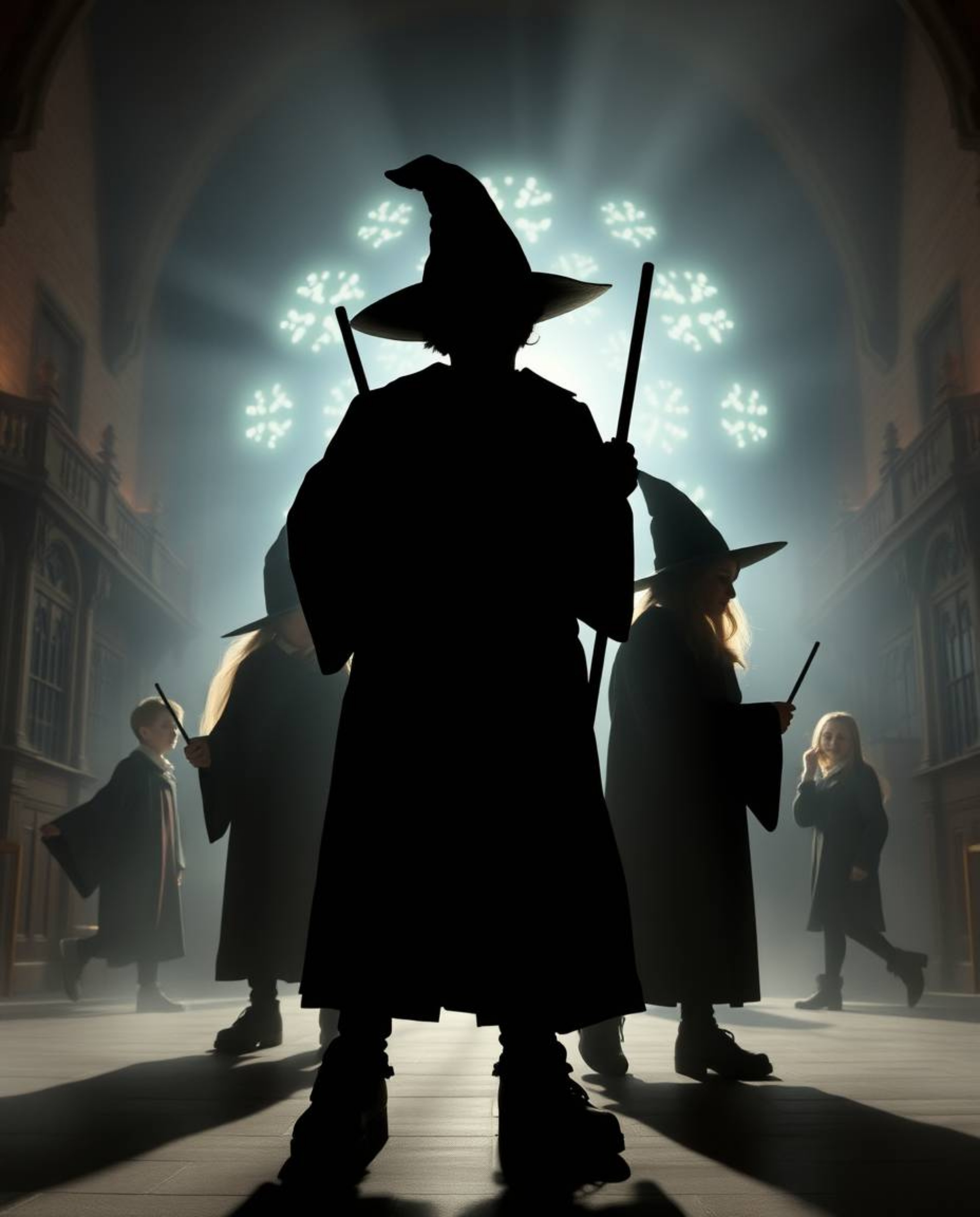 Experience the enchanting world of silhouetted young wizards in a magical school bathed in ethereal light. This image capture