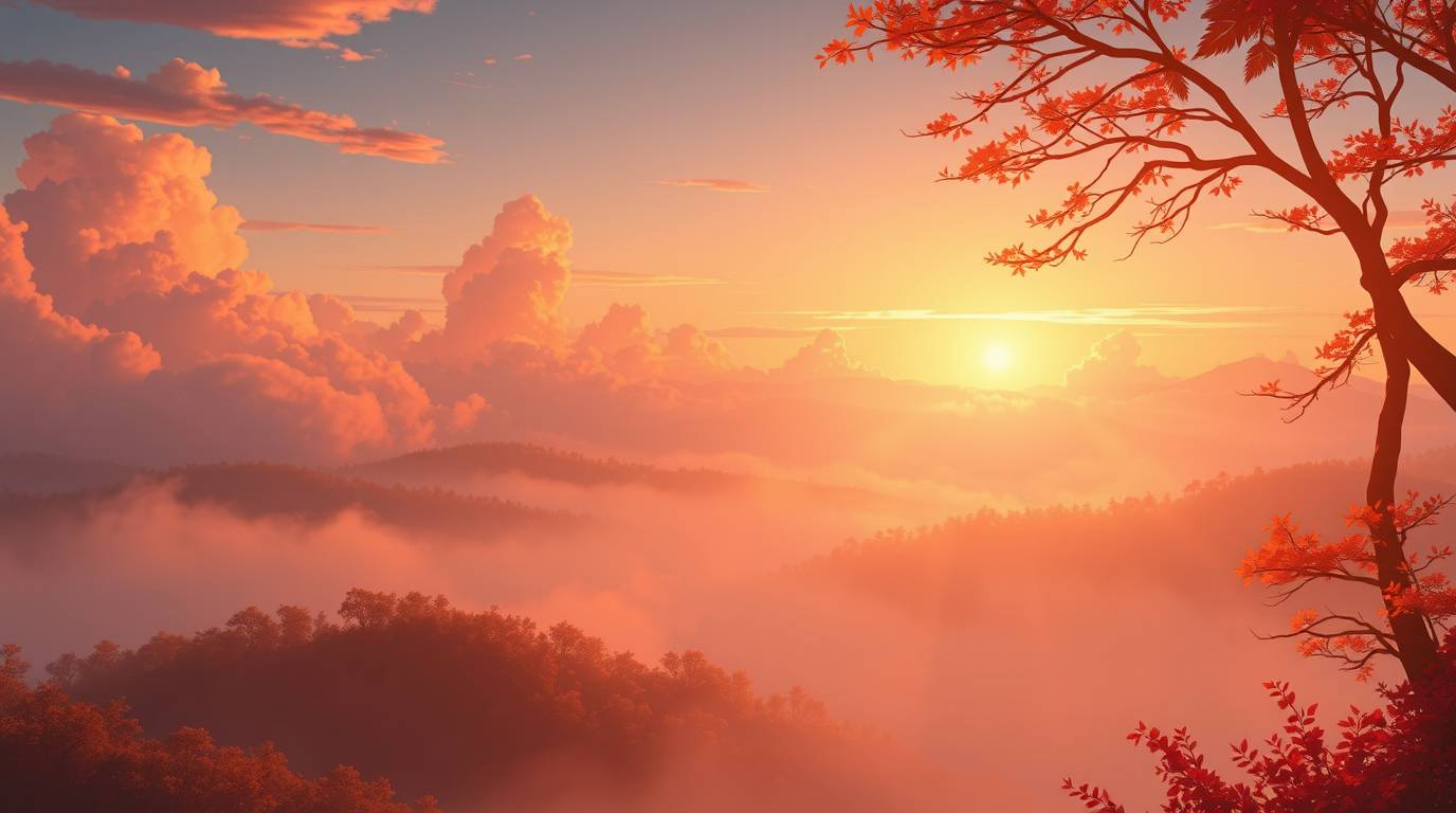 Immerse yourself in breathtaking Isekai anime style landscapes bathed in warm golden hour light. Explore fog-covered hills il