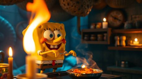 Experience the whimsical world of a sponge character hard at work in an underwater kitchen. This long exposure photograph cap