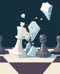 A captivating illustration showcases a chessboard frozen in a moment of chaotic destruction.  Clean lines and simple 2D shape