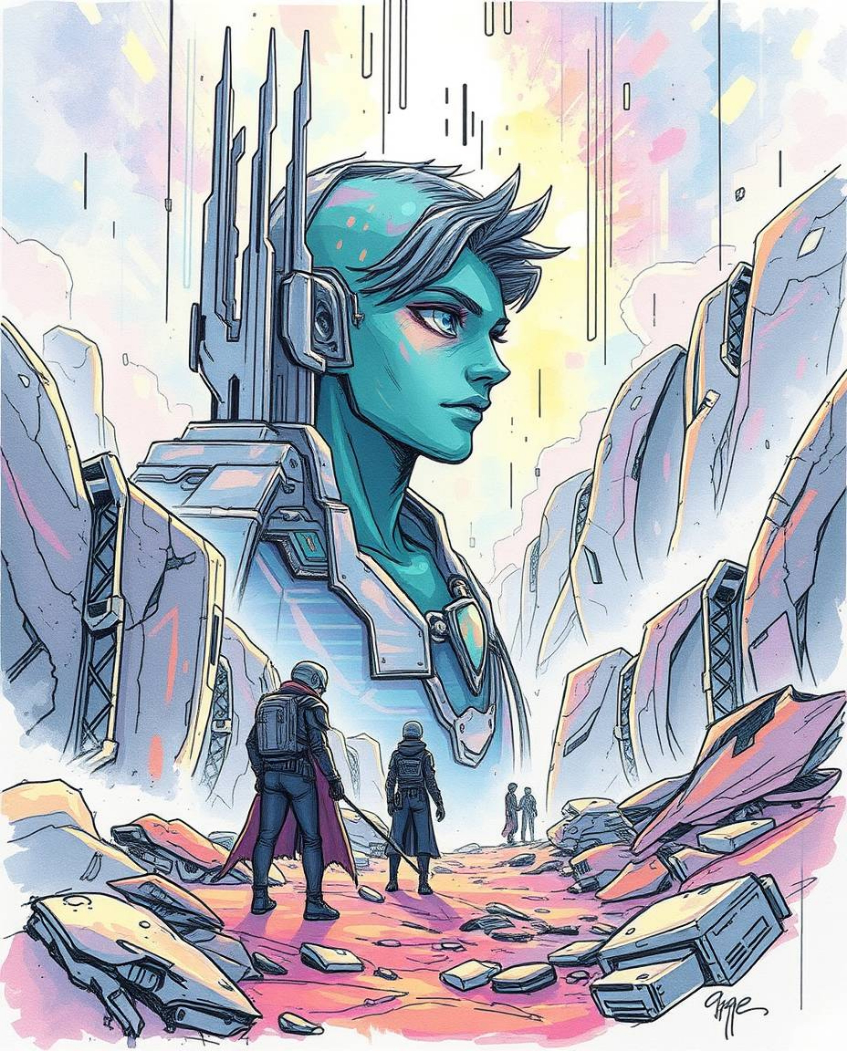 A captivating hand-drawn sketch depicts a modern future scene with a digital glitch art portrait.  The epic-scale artwork fea