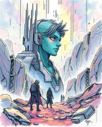 A captivating hand-drawn sketch depicts a modern future scene with a digital glitch art portrait.  The epic-scale artwork fea