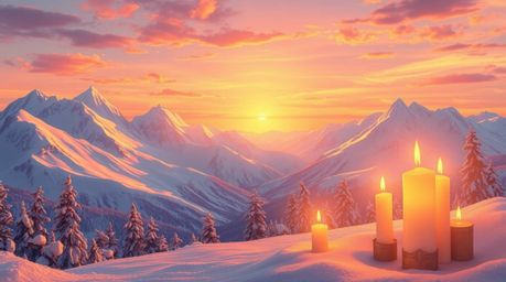 Experience the serene beauty of snow-covered mountains bathed in the warm, golden light of a pastel sunset. This illustration