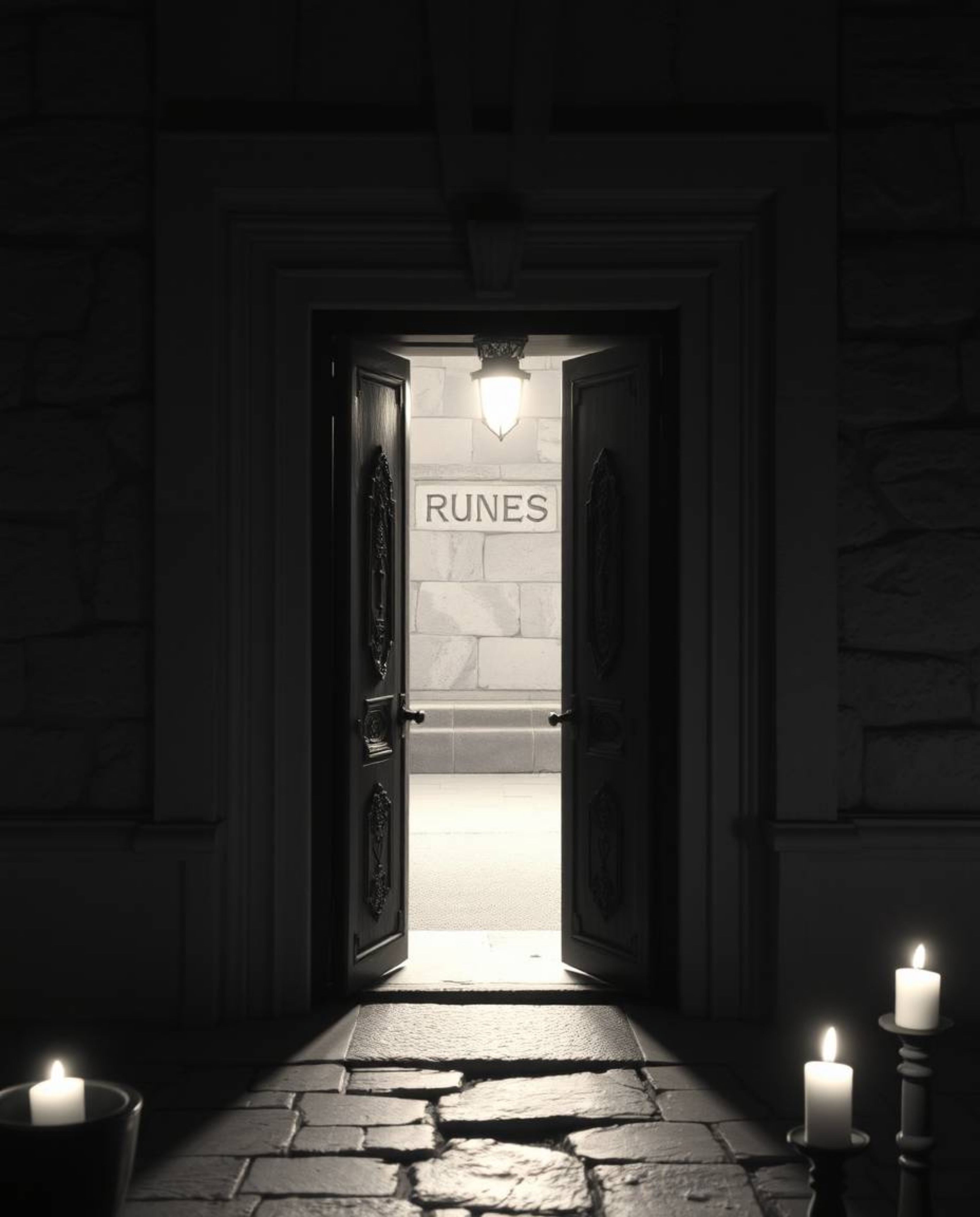 A classic black and white photograph showcasing an ancient doorway glowing with runes, illuminated by warm candlelight. The s