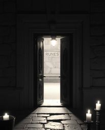 A classic black and white photograph showcasing an ancient doorway glowing with runes, illuminated by warm candlelight. The s