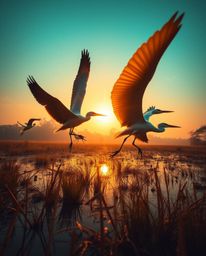 A luxurious and vibrant low-angle perspective image of herons flying during golden hour in a wetland scene. This stunning sho