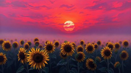 A classic oil painting capturing a sunflower field beneath a deep red and purple sky, the scene shrouded in a thick fog creat