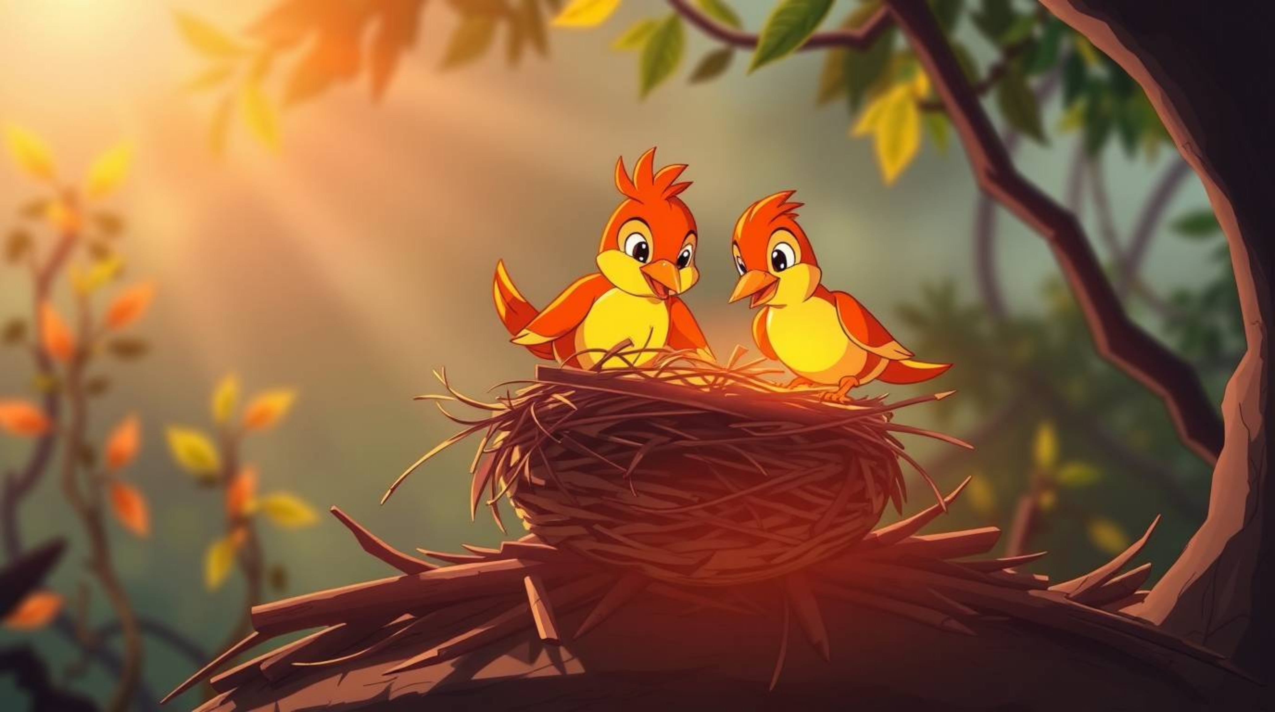A captivating illustration in classic animation style showcases two cartoon birds diligently constructing a nest. Rendered i