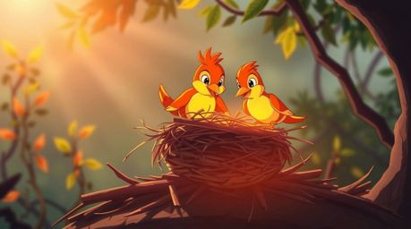 A captivating illustration in classic animation style showcases two cartoon birds diligently constructing a nest. Rendered i