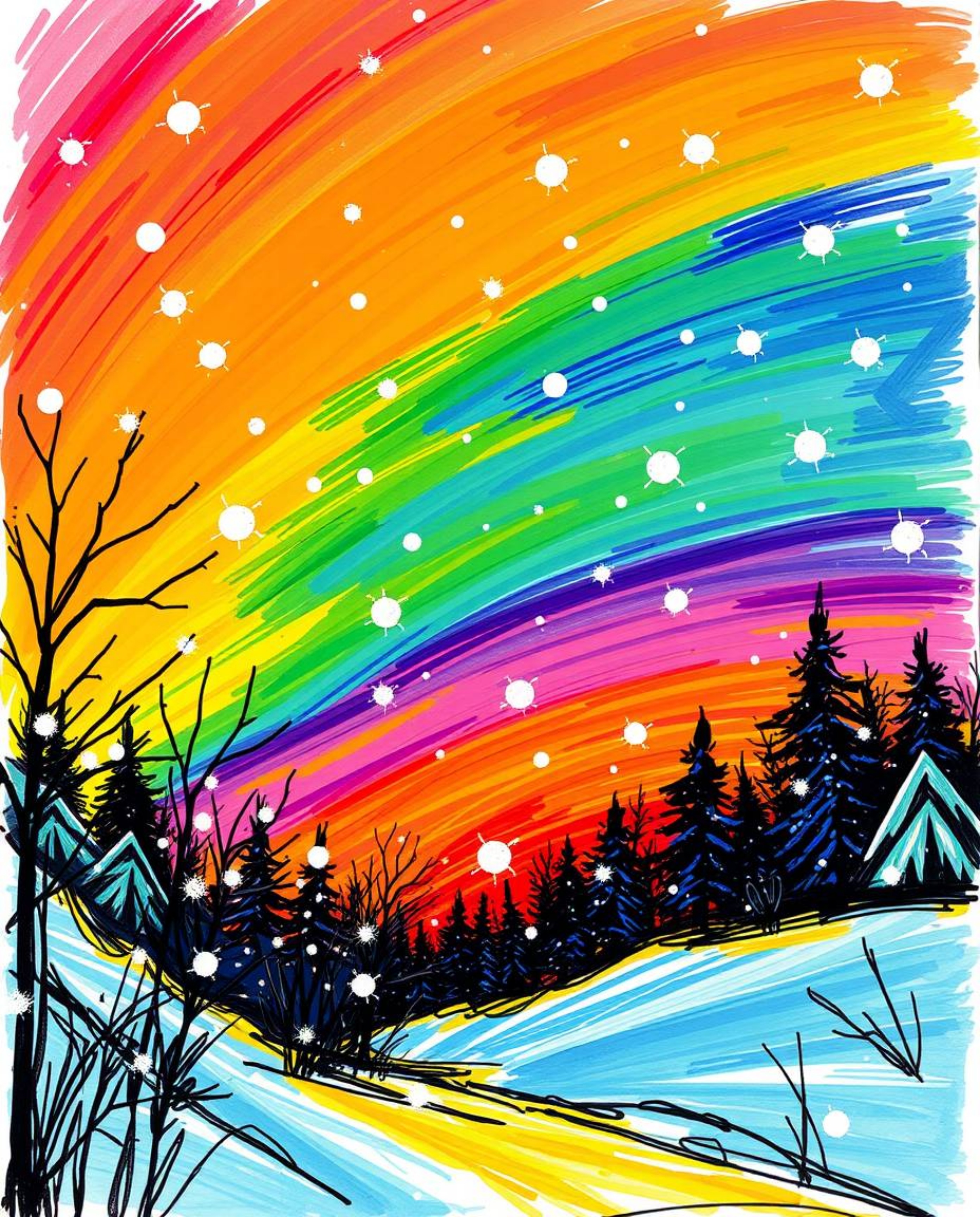 This hand-drawn sketch, created in a lively Color sketchnote style, depicts snowflakes falling during a vibrant sunset. The a